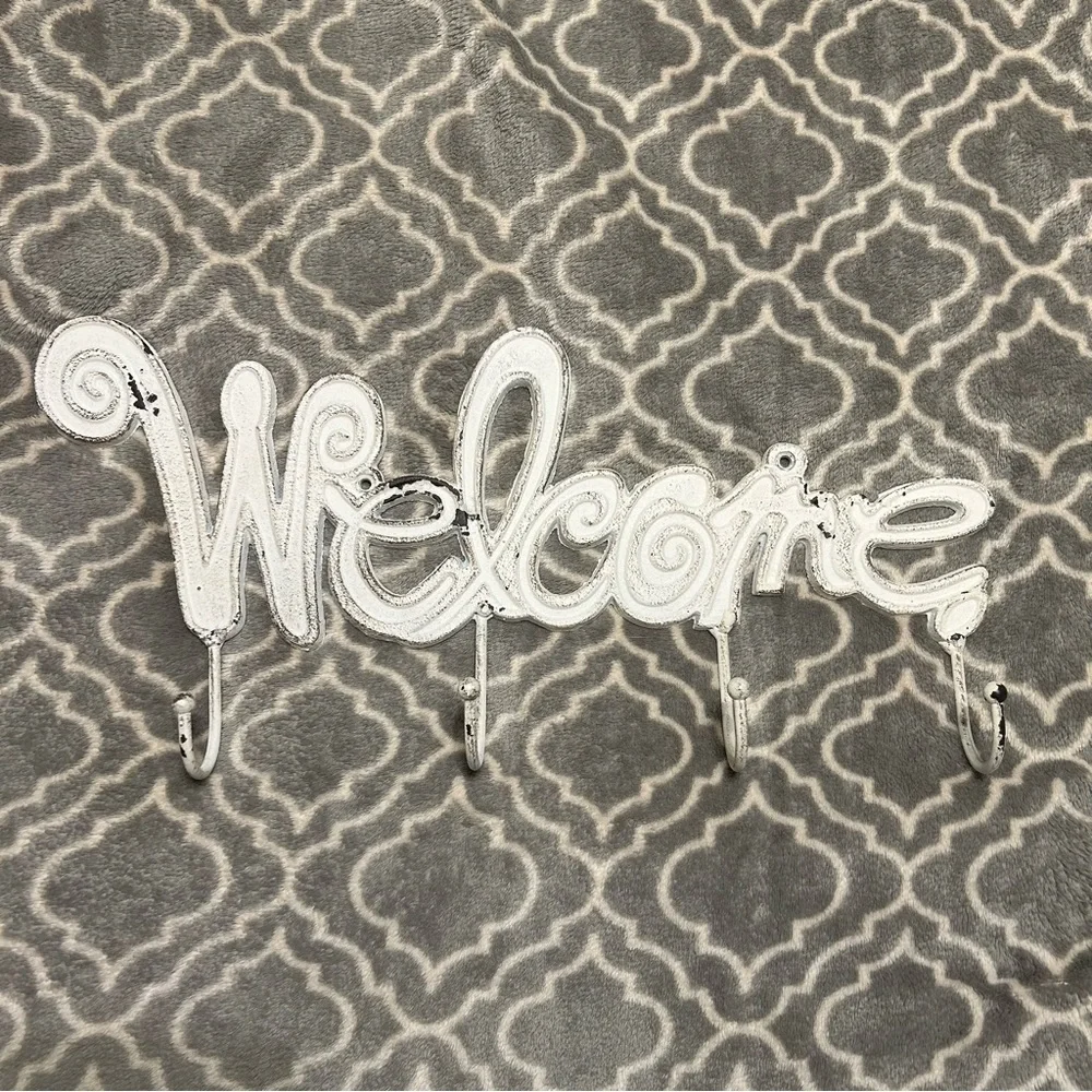 Beautiful Country-Chic Painted Metal Welcome Wall Decor With Coat Hooks.